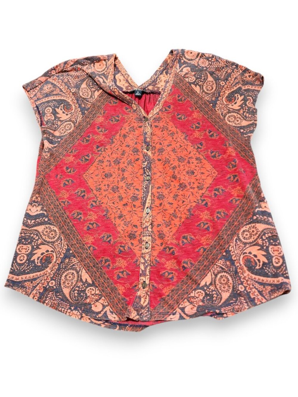 Lucky Brand Red Orange Paisley Button Front Blouse Size Small V-Neck, Cap sleeve